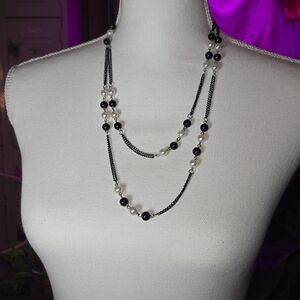 Classic Layered Pearl and Black Bead Necklace